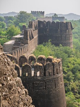 Vertical view of stone ramparts and battlements of historic Rohtas fort, UNESCO World Heritage, built by Sher Shah Suri, Jhelum, Punjab, Pakistan