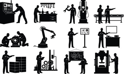 Factory worker silhouettes operating industrial machinery illustrating manufacturing processes, automation systems, engineering maintenance, and modern production workflow concepts
