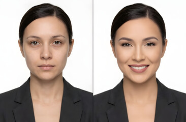 Before and After Makeup Portrait of Professional Woman on White Background