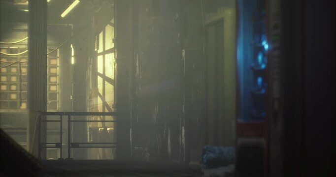 Faint light filters through a dusty hallway, highlighting peeling walls and neglected corners. A vending machine stands quietly, hinting at past activity in this eerie space.