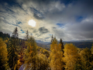 Sunny Autumn Carpathians with Puffy White Clouds