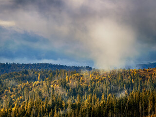 Sunny Autumn Carpathians with Puffy White Clouds