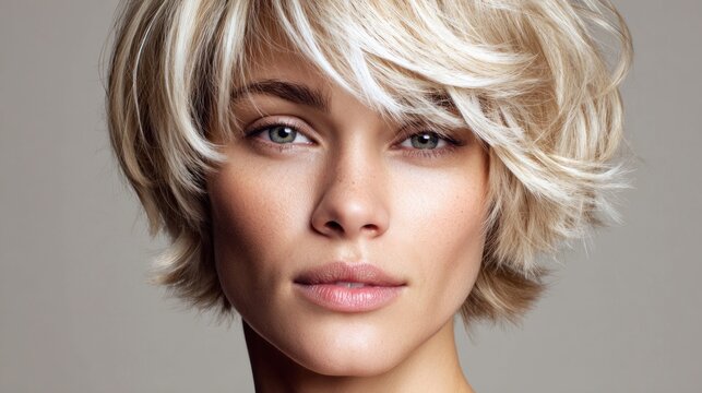 Beautiful woman with short blonde hair and striking green eyes, close-up portrait