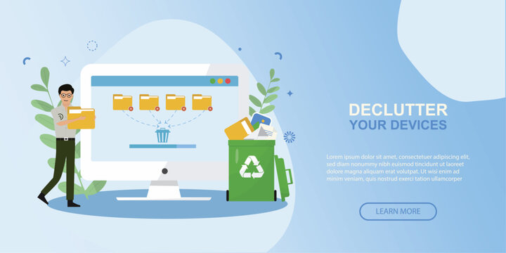 Digital cleanup day desktop banner. Declutter your devices. Digital pollution. Flat style. Environmental footprint of digital technology. Vector illustration