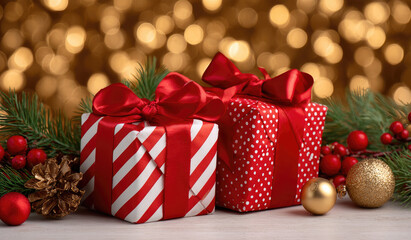 Obraz premium Festive wrapped Christmas presents with pine and berries