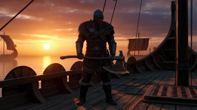 Man in Viking ship journeying at sunset with longship fleet in a historical exploration and naval war concept