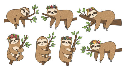 Fototapeta premium Adorable collection of hand-drawn cartoon sloths in various cute poses, sleeping and hanging on tree branches with green leaves.