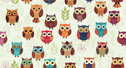 Cute and colorful seamless pattern featuring a variety of cartoon owls and delicate foliage on a light green background.