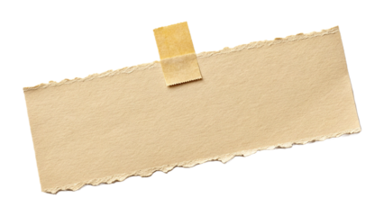 Roughly torn paper  piece of textured brown paper with rough edges and adhesive tape on a black background