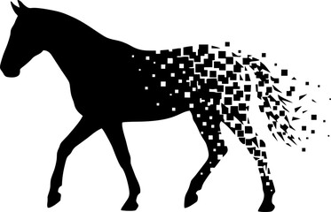 Obraz premium Dissolving Horse Silhouette Vector Art. Abstract Black Geometric Disintegration Effect Animal Illustration Isolated on White