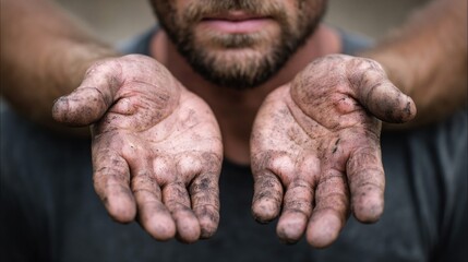 Fototapeta premium Man's hands covered in dirt, palms open, close-up shot