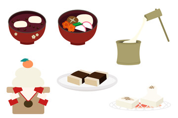お餅イラスト素材セット（おしるこ・お雑煮・餅つき・鏡餅・焼き餅・磯辺焼き）