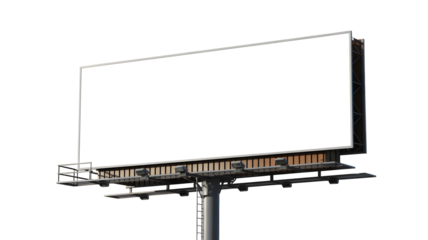 A large empty white billboard sign on a metal pole structure for advertising and marketing purposes isolated on transparent background