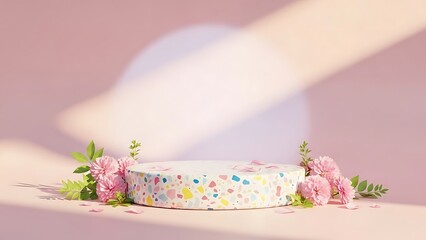 A round terrazzo podium with pastel pink background