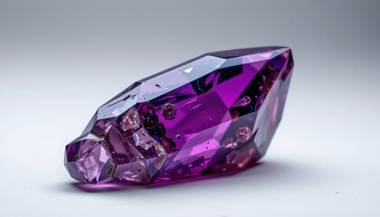 An oval shaped gemstone with a vivid purple hue, reflecting light in its facets against a neutral background.