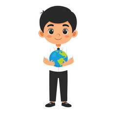 A cartoon illustration of a smiling boy holding a blue and green globe, symbolizing environmental care and global awareness.