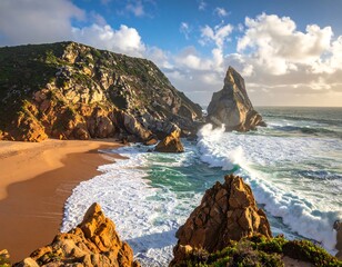 Coastal scene with golden sand beach, cliffs, ocean waves
