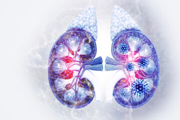 Virus infected human kidneys on scientific background. Kidney disease. 3d illustration