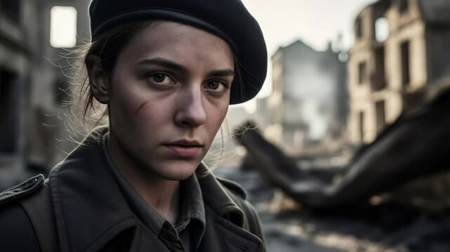 Young woman soldier in military coat and beret stands in destroyed city, a symbol of historical war and its aftermath.
