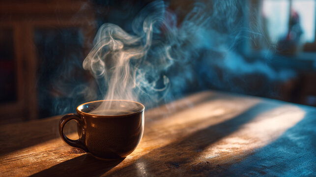 A dark brown cup of steaming hot coffee sits on a rustic wooden table, illuminated by dramatic side lighting - Powered by Adobe