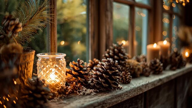 Macro view of log cabin window sill decorated with pinecones and candles, soft golden Christmas lighting, off grid christmas cabin