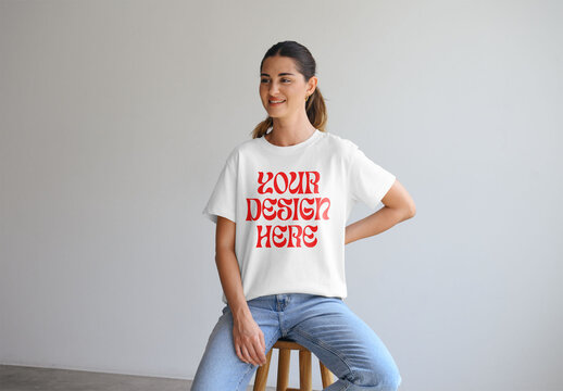 Mockup Of Woman Wearing Customizable T-Shirt On Stool