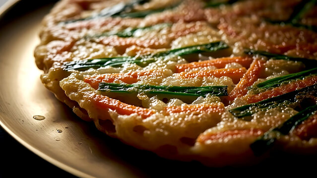 Korean baechujeon cabbage pancake edge, showcasing a lacy, crispy golden crust with visible bits of carrot and scallion, served on a traditional brass plate 
