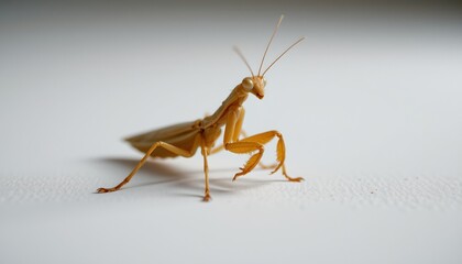 A single grasshopper perched on what appears to be a white surface with speckles of brown, captured in mid stride against a blurred background that suggests a shallow depth of field