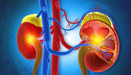 Human kidneys anatomy structure, kidney disease. 3d illustration