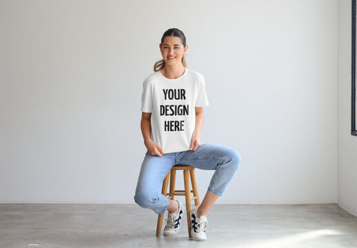 Mockup Of Woman Wearing Customized T-Shirt, Full Length