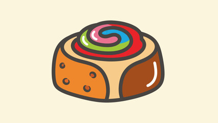 Cartoon cinnamon roll with colorful frosting on a light beige background