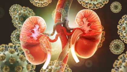 Virus infected human kidneys on scientific background. Kidney disease. 3d illustration