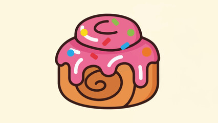 Cartoon cinnamon roll with pink frosting and colorful sprinkles on beige