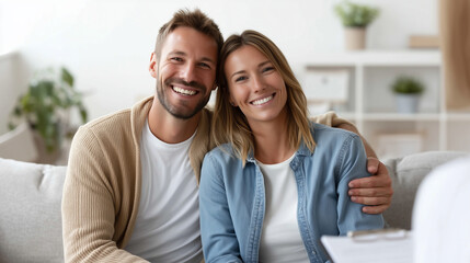 Two people sitting on comfortable couch smiling during therapy session in bright casual counseling room, faceless couple in consultation, defocused serene office background, with c