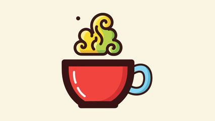 Cartoon coffee cup illustration with colorful steam element on light background