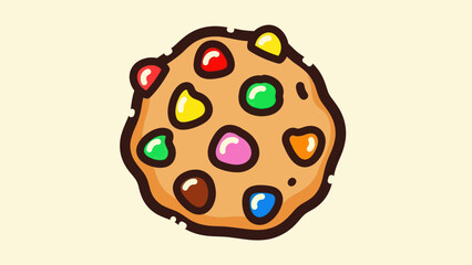 Cartoon cookie with colorful candy and dark outline on light background