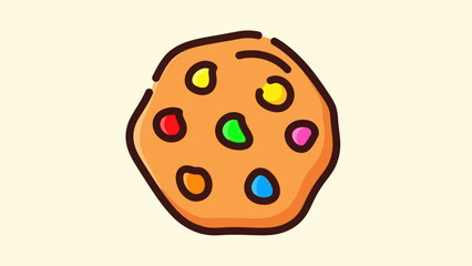 Cartoon cookie with colorful candy pieces on a light yellow background