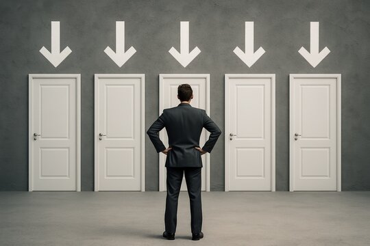 Decision Crossroads: A contemplative professional stands before a line of identical doors, each marked with a descending arrow, pondering the choices that lie ahead.