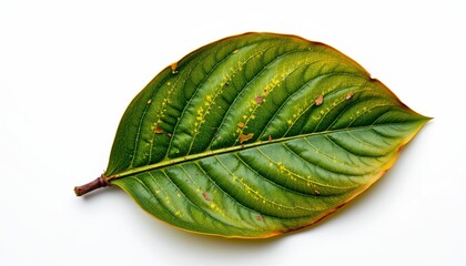A single leaf with a brownish hue lying against a plain background, giving a close up view of its textures and possibly some signs of age or disease in its veins, indicated by the yellowish areas.