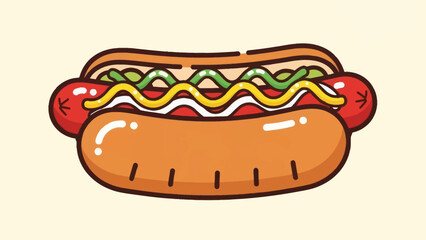 Cartoon hot dog illustration with mustard ketchup and relish on a bun