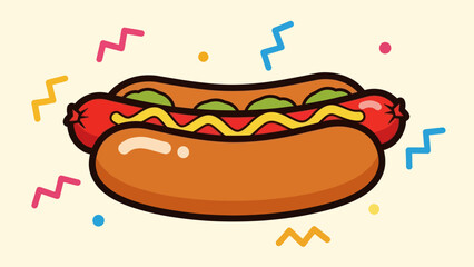 Cartoon hot dog with mustard relish and bun on light background