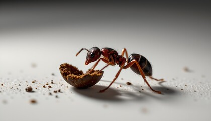 A close up view of an ant scavenging in a dusty environment.
