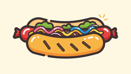 Cartoon hot dog with toppings illustration on light background vector art