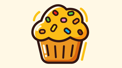 Cartoon muffin with colorful sprinkles isolated on a light yellow background