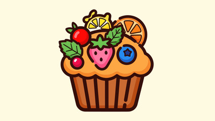 Cartoon muffin illustration with assorted fruit toppings on a light background