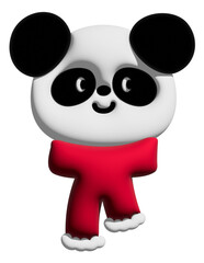 Inflated 3D of panda wearing red scarf for model, winter animal costume, Christmas, New Year, merchandise, label, cartoon character, zoo, souvenir shop, pin, brooch, sticker, kid doll, festive icon
