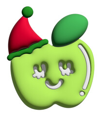 Inflated 3D of happy green apple wearing Santa hat for Christmas, fruit, diet, healthy snack, breakfast, lunch, cartoon character, comic, cute patch, grocery shopping, supermarket, plush toy, kid doll