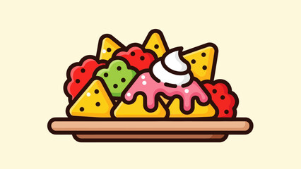 Cartoon nachos with colorful toppings on a wooden plate illustration