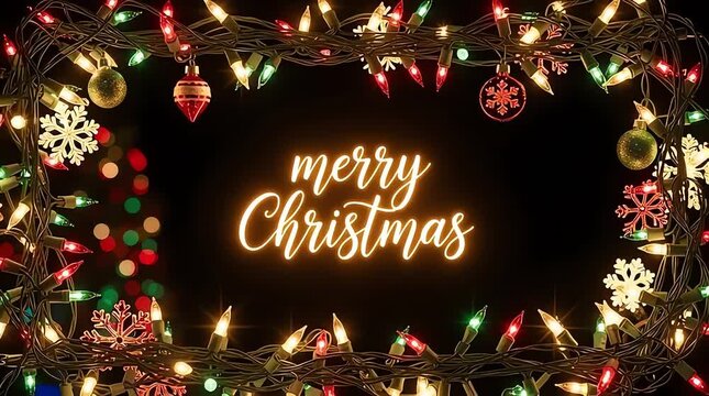 A festive "Merry Christmas" message glowing in the center, surrounded by a vibrant border of colorful string lights, snowflakes, and bauble ornaments on a dark background.