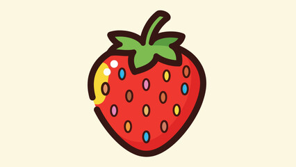Cartoon strawberry illustration with colorful seeds and green leaves on cream background